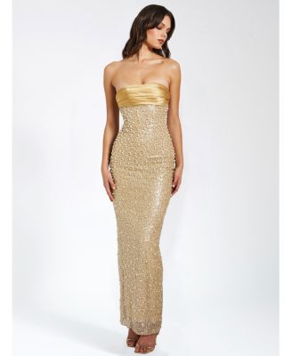  Lainey Satin Sequin Beaded Maxi Dress