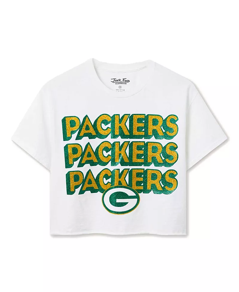 Junk Food Clothing Women's Nfl Green Bay Packers Repeat Glitter Flea Market Crop Tee