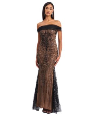 Qeturah Embroidered Sequin Off Shoulder Mesh Gown