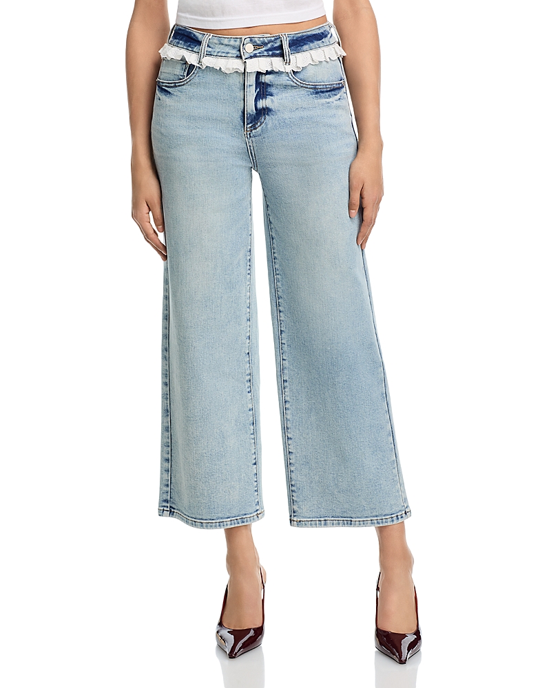 Aqua x Wuthering Heights Eyelet Ruffle High Rise Ankle Jeans in Light Wash - Exclusive