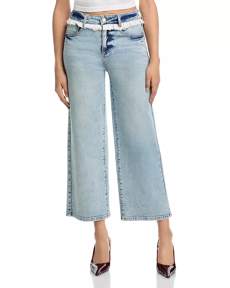 Aqua x Wuthering Heights Eyelet Ruffle High Rise Ankle Jeans in Light Wash - Exclusive