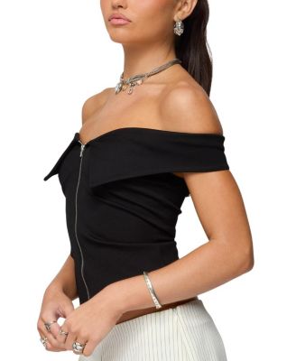 Collared Off Shoulder Zip Up Top