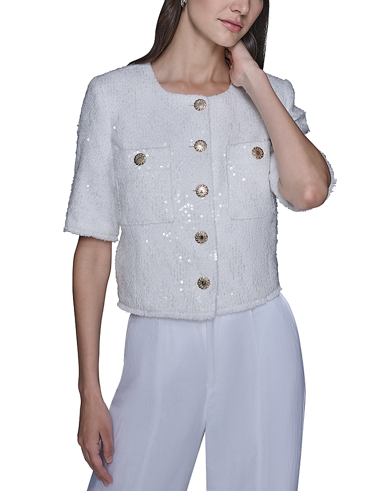 Karl Lagerfeld Paris Cropped Sequin Tweed Jacket