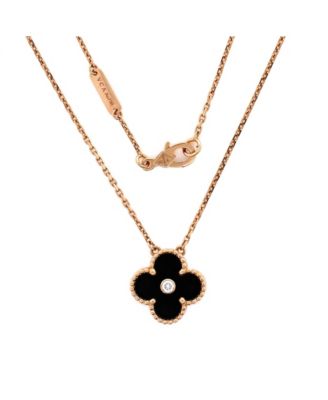  Vintage Alhambra Pendant Necklace 18K Rose Gold and Onyx with Diamond, 14.75 - 16.5"