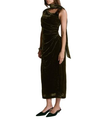  Women's Velvet Scarf Detail Midi Dress
