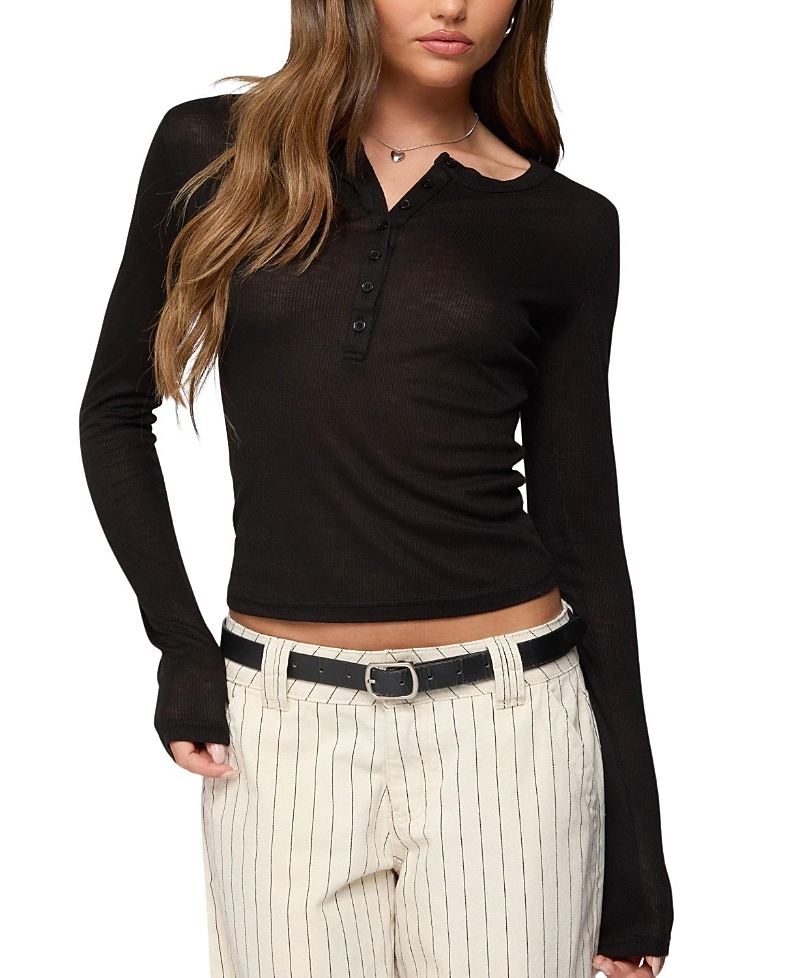 Edikted Nettie Ribbed Henley Top In Black