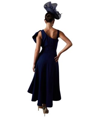  One Shoulder Crepe Ruffle Midi Dress