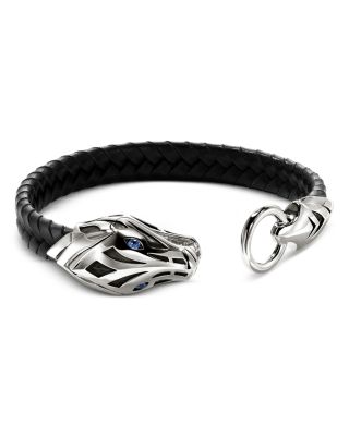 Men's Sterling Silver Naga Blue Sapphire Black Leather Bracelet