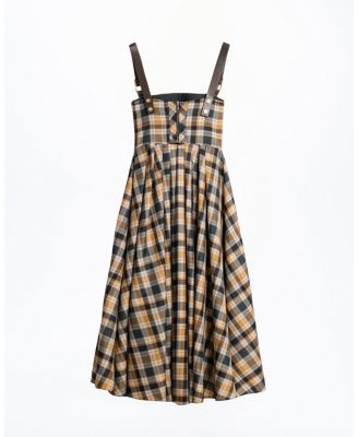  Plaid Pleated Maxi Dress with Faux Leather Belt