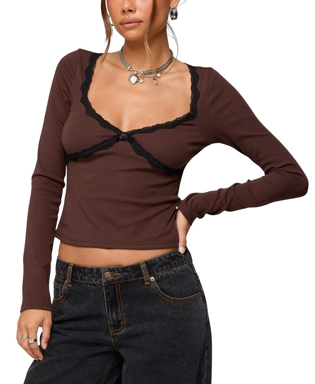 Edikted Porta Contrast Lacey Top