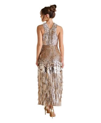 Gold Sequin Tassel Halter Neck Dress