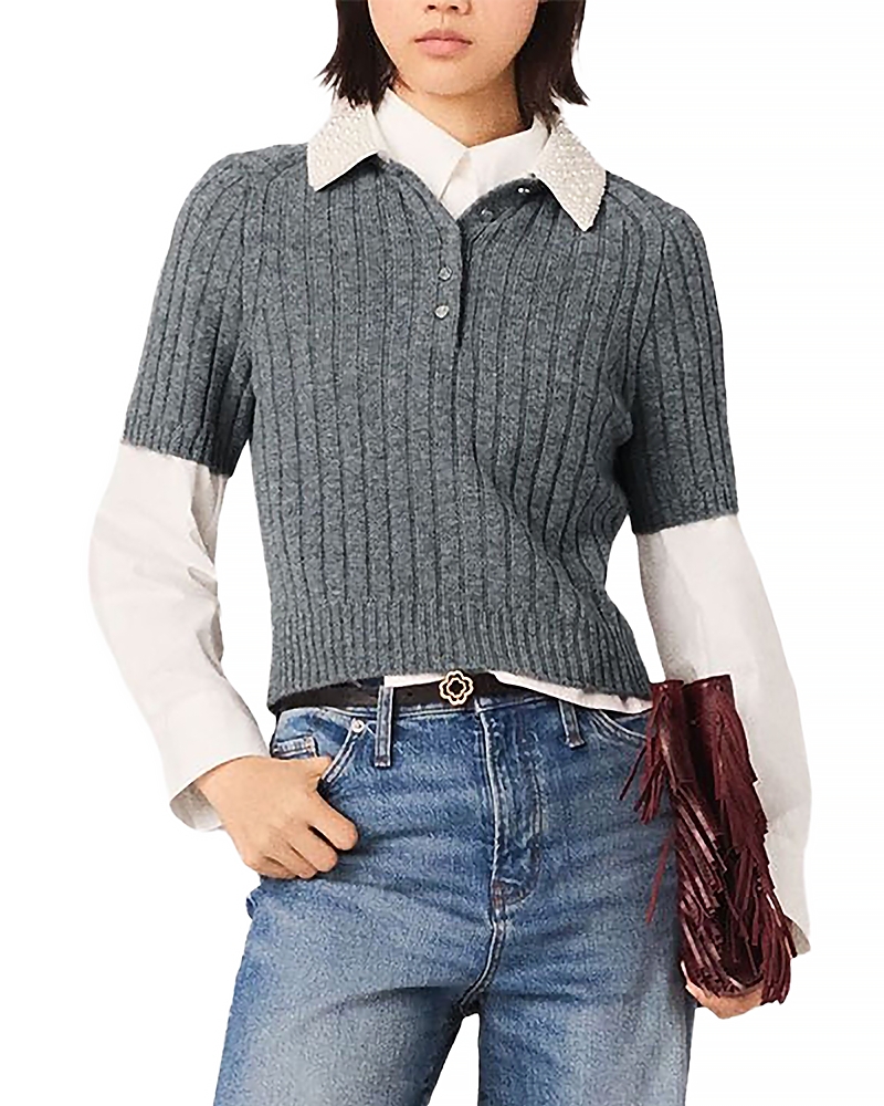 Maje Beaded Collar Ribbed Sweater