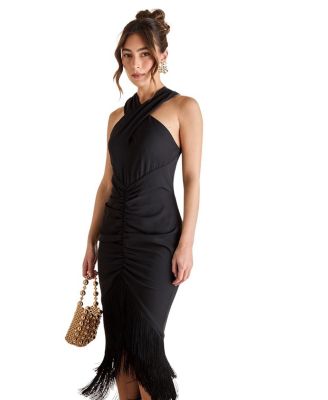 Fringe Hem Cross Neck Midi Dress