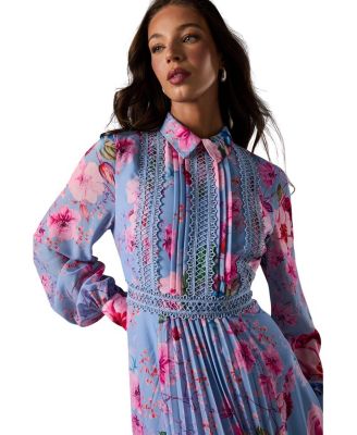 Pleated Lace Trim Long Sleeve Midi Dress