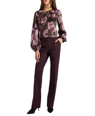 Elena Long Sleeve Twist Neck Blouse in Floral Twill Crepe