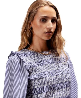  Stripe Shirred Blouse Top