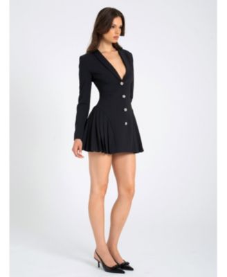 Ria Blazer Mini Dress with Crystal Button and Pleated Detail