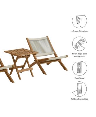 Vienna Outdoor Patio Teak and Rope Folding Lounge Chairs and Side Table, Set of 3