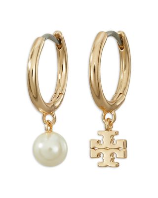 Kira Imitation Pearl & Double T Charm Mismatched Hoop Earrings 