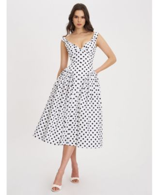 Rahma Polka Dot Drop Waist Midi Cotton Poplin Dress