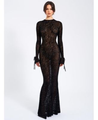  Waylynn Print Burnout Velvet Detail Mesh Maxi Dress