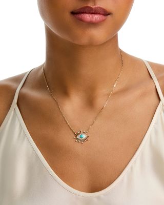 Mother of Pearl, Turquoise & Diamond Evil Eye Pendant Necklace in 14K Yellow Gold, 18"