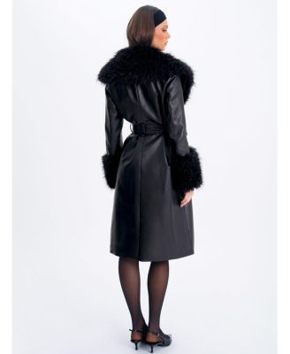  Zariah Faux Fur Trimmed Longline Faux Leather Coat