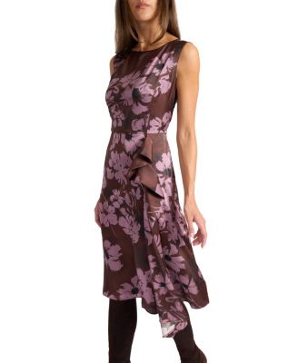  Nica Sleeveless Dress with Side Ruffle in Floral Twill Crepe