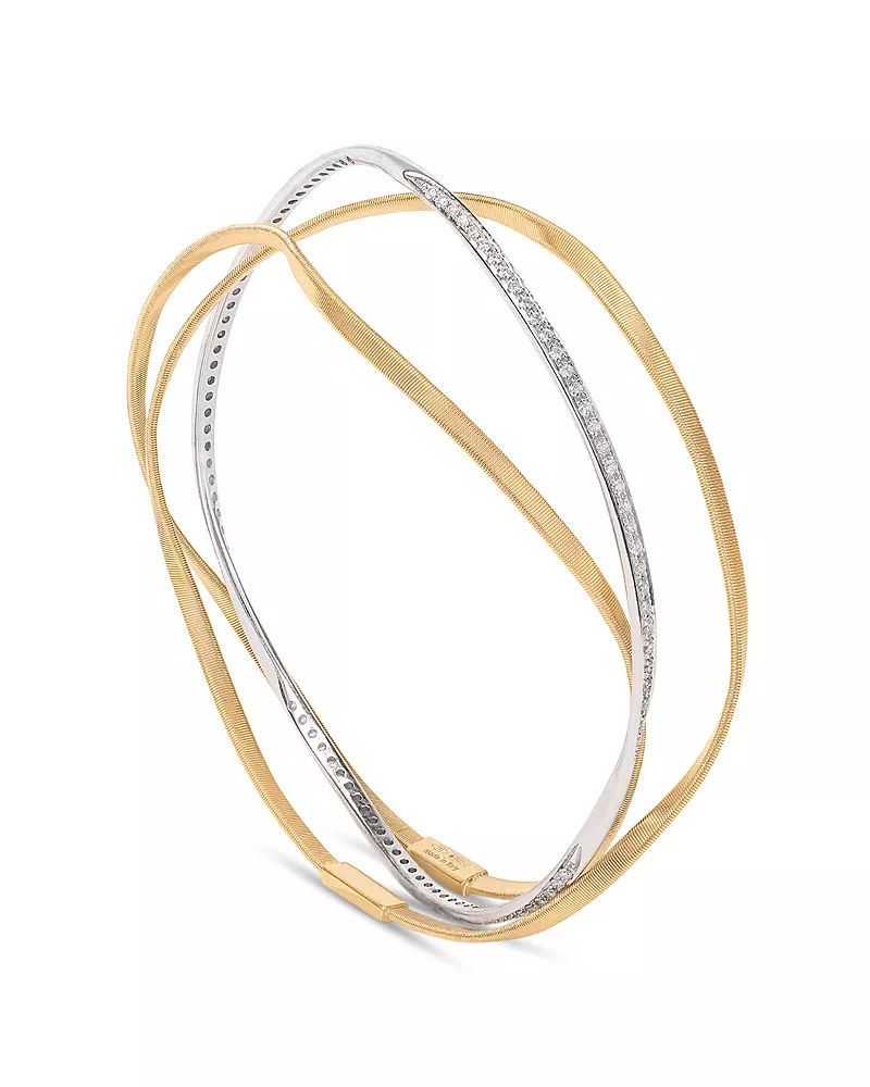 Marco Bicego Diamond Triple Layer Crossover Bangle Bracelet in 18K Yellow & White Gold, 0.76 tcw