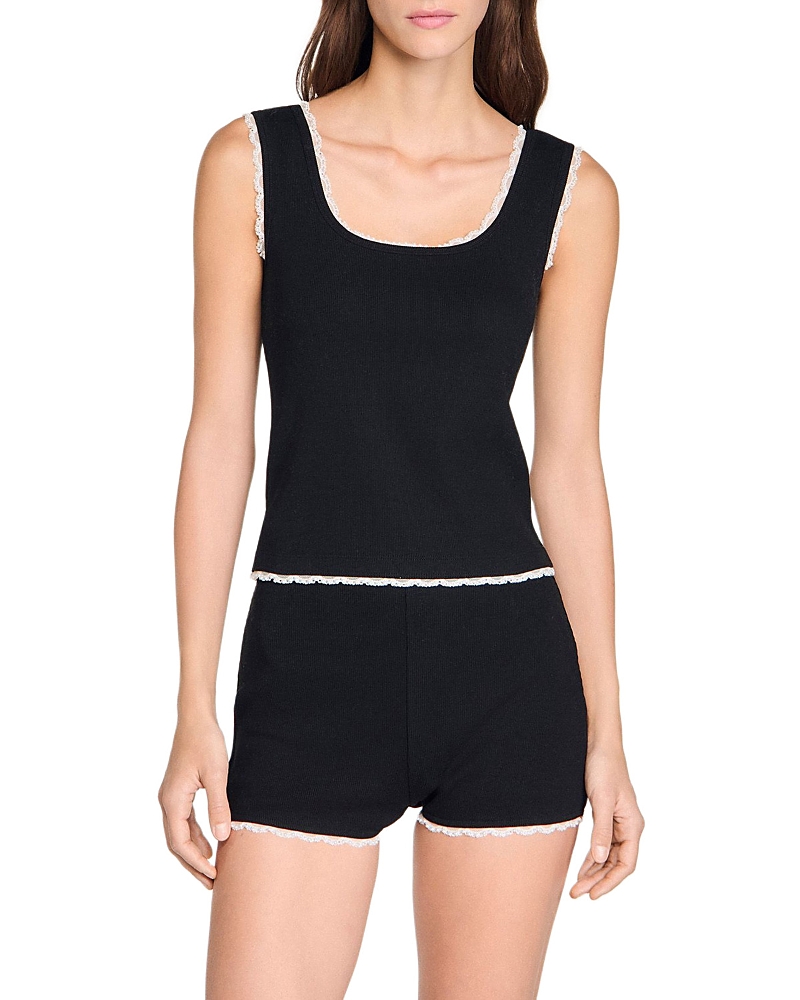 Sandro Bead Embroidered Ribbed Top
