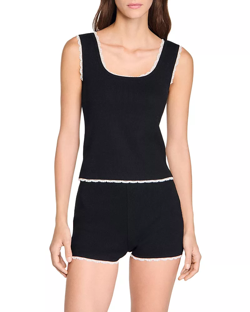 Sandro Bead Embroidered Ribbed Top