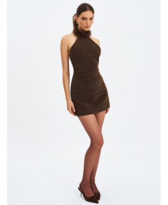 Yael Suede Faux Fur Halter Mini Dress