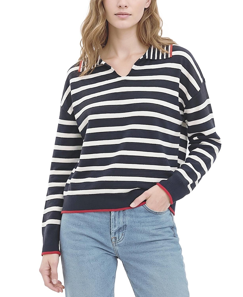 Central Park West Women's Maisie Bright Striped Long sleeve Polo Sweater