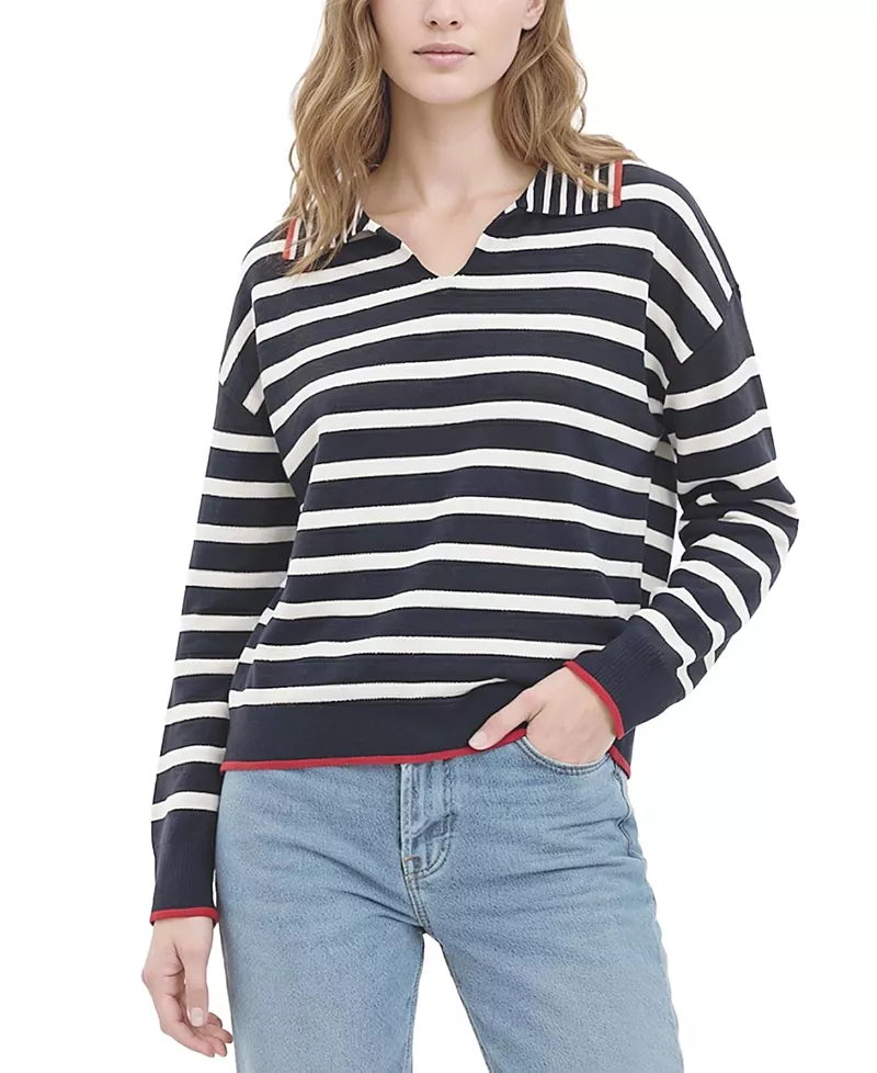 Central Park West Women's Maisie Bright Striped Long sleeve Polo Sweater