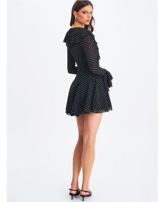 Omari Chiffon Polka Dot Ruffled Neckline Mini Dress