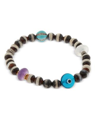 Multi Gemstone & Gray Diamond Striped Bead Stretch Bracelet in 18K Yellow Gold & Sterling Silver