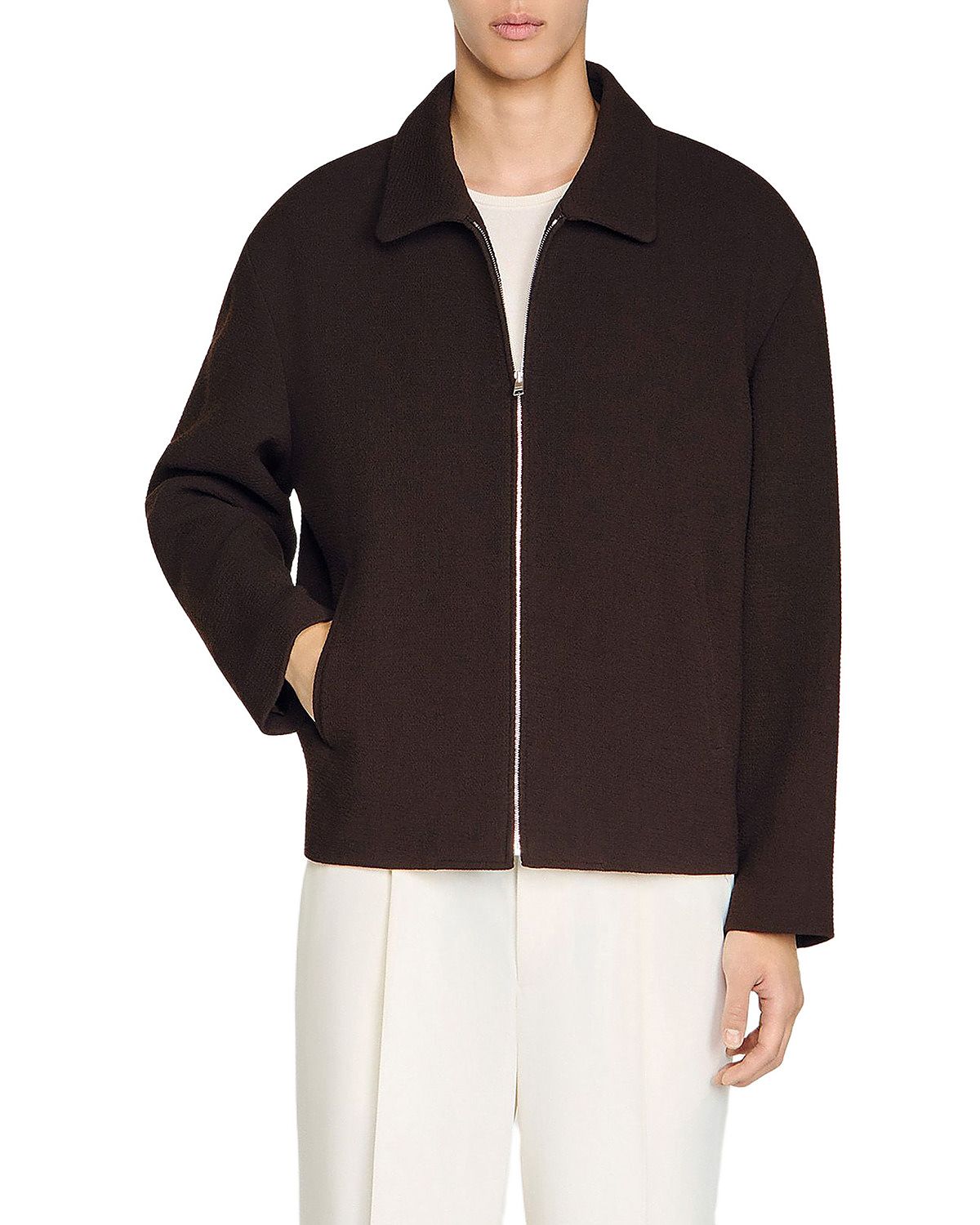 Sandro Crepe Waffled Zipper Jacket