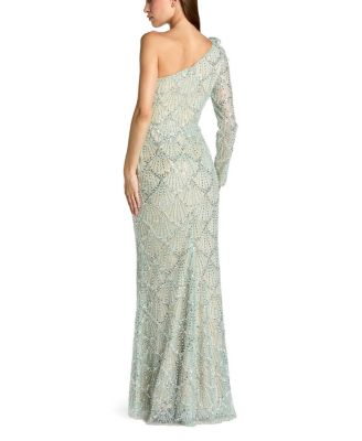  One Sleeve 3D Flower Sequin Column Gown