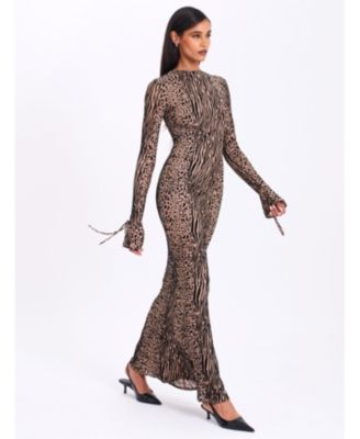  Waylynn Burnout Velvet Detail Mesh Backless Maxi Dress