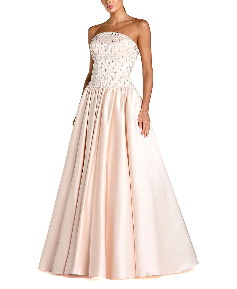 Mac Duggal Satin Pearl Beaded Dropwaist Strapless Ballgown