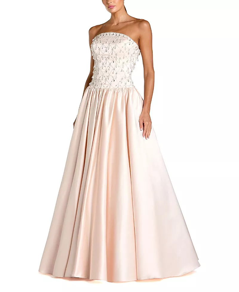 Mac Duggal Satin Pearl Beaded Dropwaist Strapless Ballgown