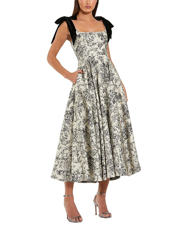 Mac Duggal Brocade A Line Midi Dress with Bow Straps