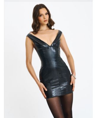 Quilia Faux Crocodile Leather Plunge Mini Dress