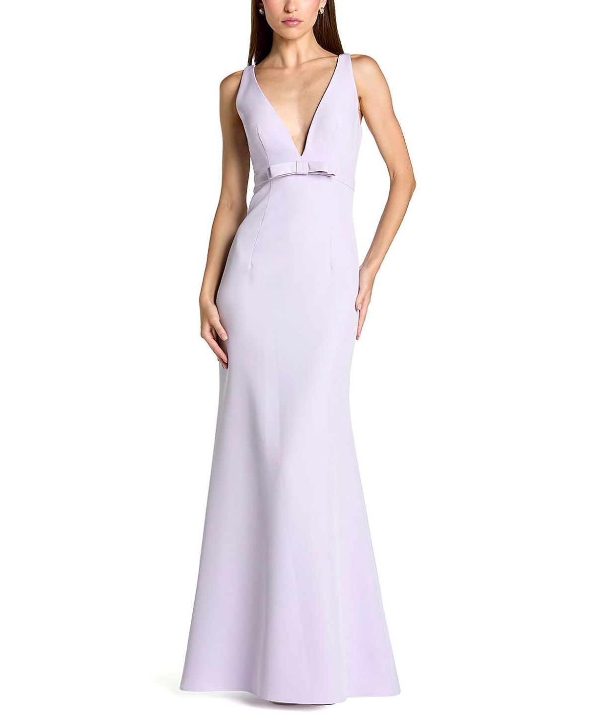 Mac Duggal Crepe Sleeveless V Neck Mermaid Gown with Bow
