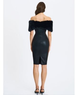  Bellis Fur Trim Mesh Panel Off-Shoulder Midi Dress