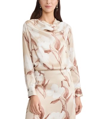 Draped Neck Floral Print Silk Blouse 