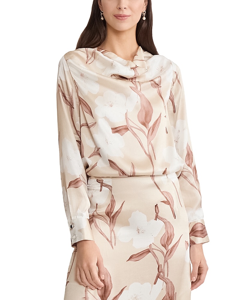 Misook Draped Neck Floral Print Silk Blouse