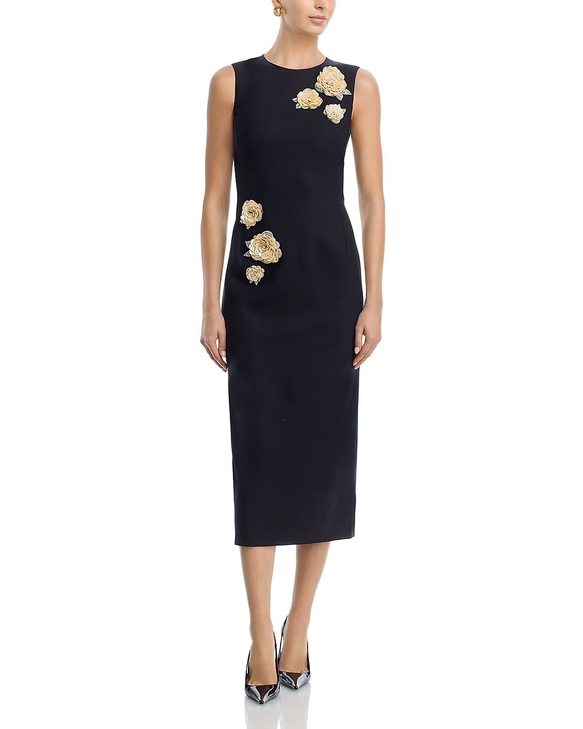 Oscar de la Renta Embroidered Brooch Stretch Wool Cocktail Dress