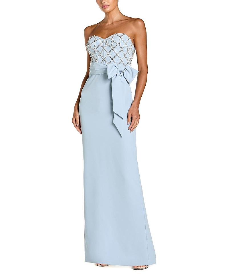 Mac Duggal Strapless Crepe Embellished Bustier Gown with Bow