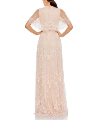 Sequined High Neck Flutter Sleeve A Line Gown